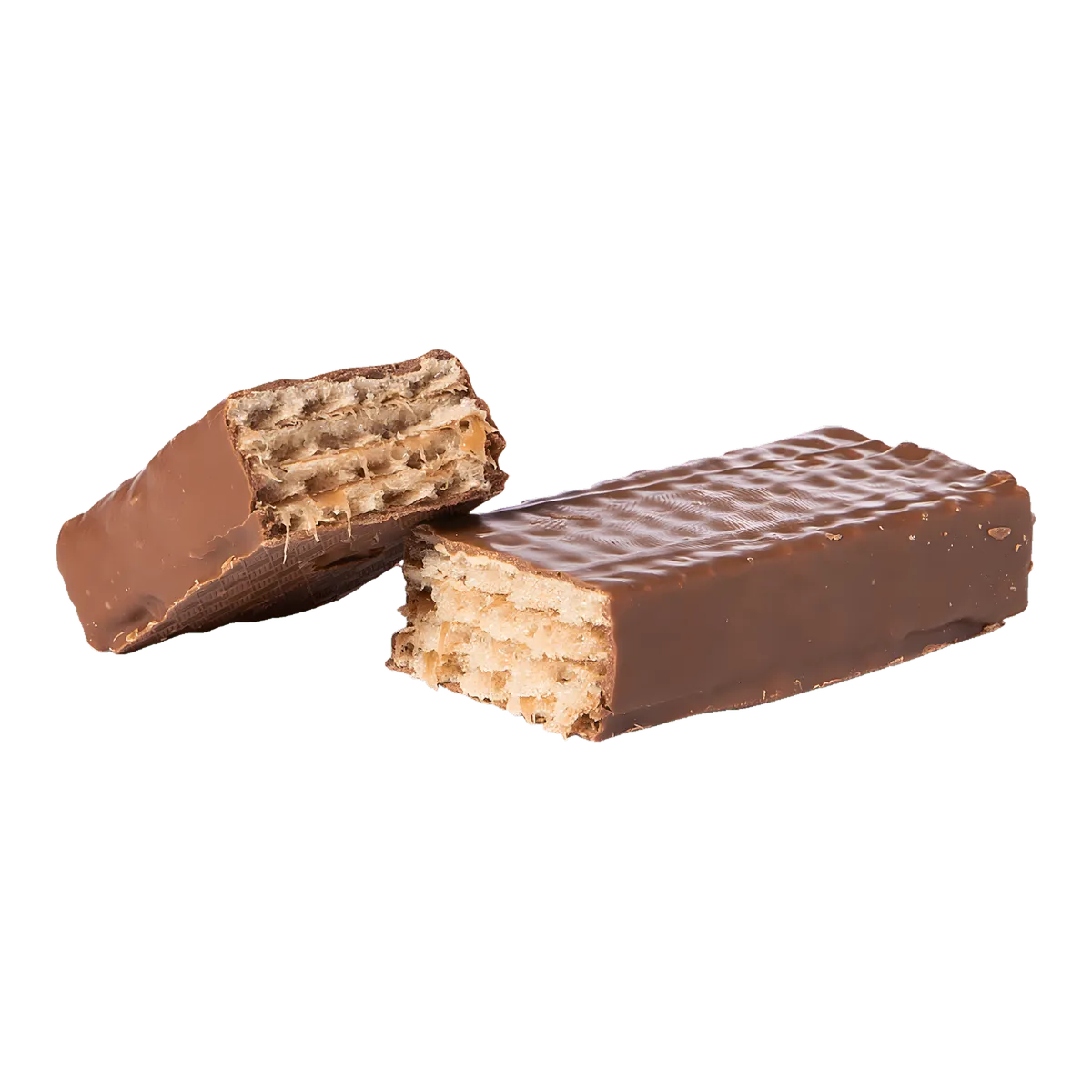 Barre chocolatée LU Cha-Cha coupée en deux, révélant des couches de gaufrette croustillante et chocolat au lait, parfaite pour une pause gourmande.